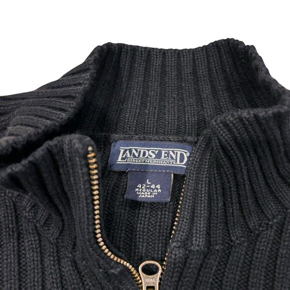 Vintage Lands' End Chunky Ribbed Knit Black Cotton 1/4 Zip Sweater Men's Large - Picture 3 of 6